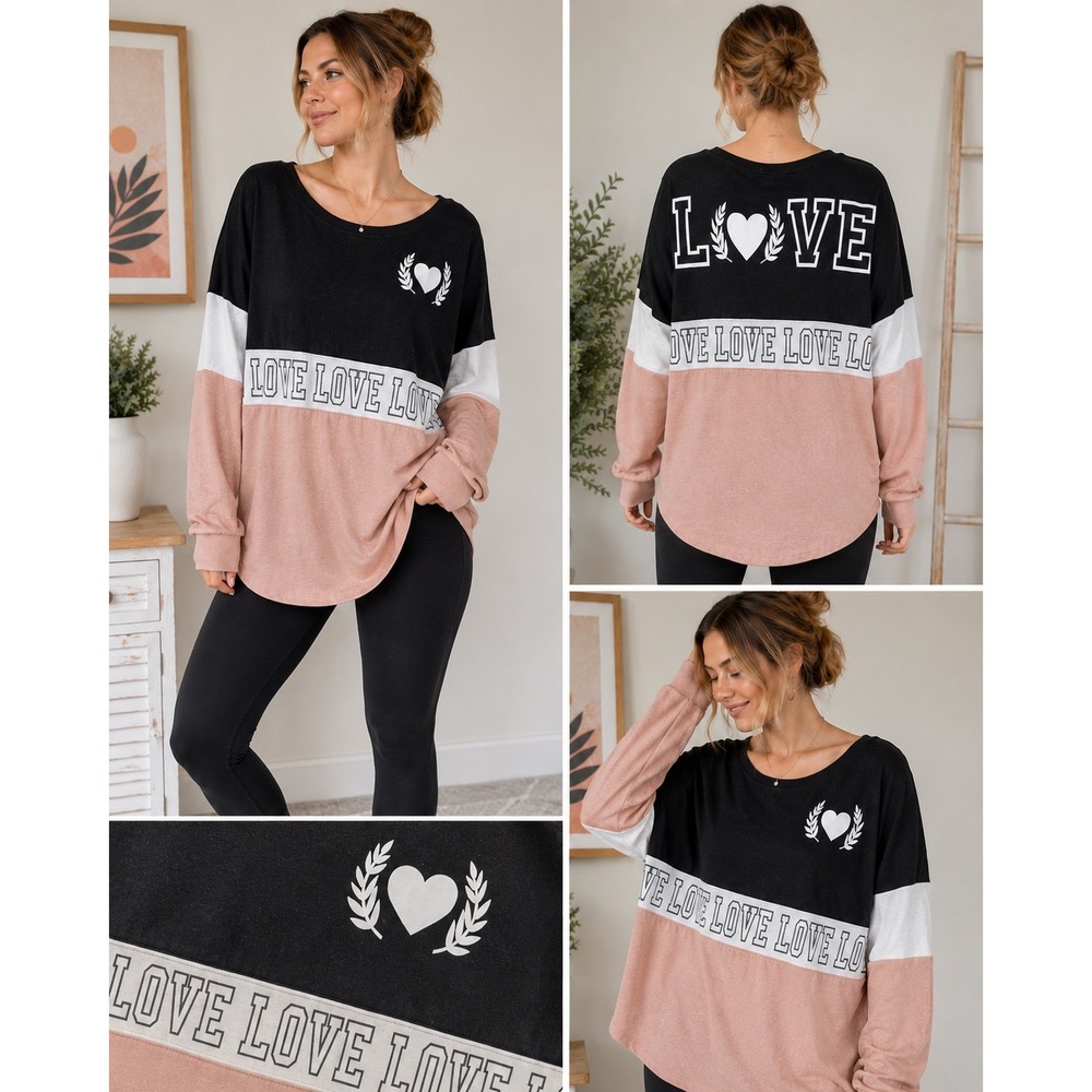 Miss Chievous‎ Love Pullover Womens XL Black Pink Colorblock Graphic Long Sleeve